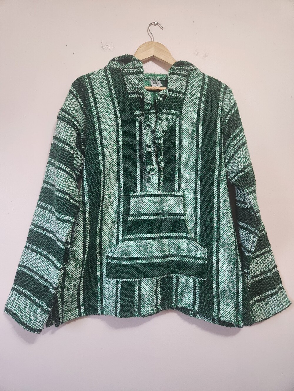Artesanias Sanfe Green Woven Baja Hoodie Mexican Surf Sweater Poncho L
